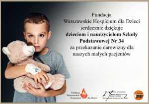 Podziękowanie dla szkoły od Fundacji Warszawskie Hospicjum dla Dzieci.
