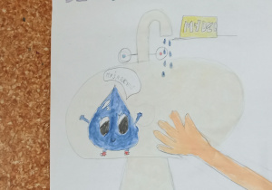 Praca, która zajęła pierwsze miejsce. Hasło plakatu - Światowy Dzień Mycia Rąk.