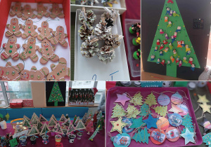 Ozdoby świąteczne, a wród nich: pierniczki, szyszki, gwiazdki, mikołajki do zawieszenia na drzewku oraz choineczki w doniczkach do dekoracji stołu.