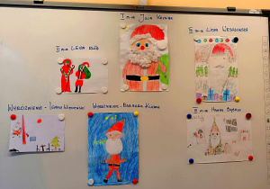 Prace uczniów z klas pierwszych nagrodzone w świetlicowym konkursie plastycznym "Portret Świętego Mikołaja".
