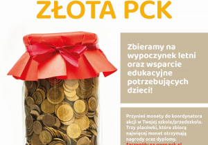 Plakt informacyjny podający informacje o zbiórce groszy. na zdjęciu widać słoik wypełniony "złotymi" monetami.