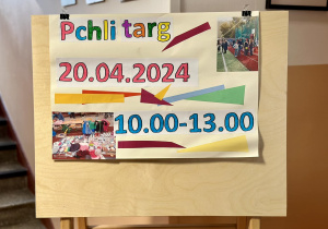 Plakat informujący o wydarzeniu oraz dacie i godzinach, w których odbędzie się Pchli Targ.