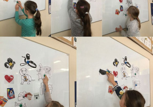 Dzieci przyczepiają odpowiedzi na pytania - obrazki do tablicy.