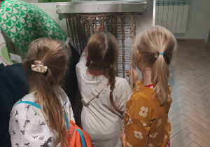 Uczniwoie oglądają i dotykają eksponaty w Sali Zielonej.