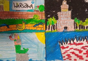 Praca Zuzi przedstawia charakterystyczne elementy Warszawy: legendę o Złotej Kaczce, Pałac Kultury i Nauki, Syrenkę Warszawską i Stadion Narodowy.