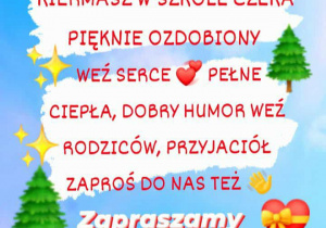 Mikołajkowy czas już biegnie w nasze strony! Kiermasz w szkole czeka pięknie ozdobiony. Weź serce pełne ciepła, dobry humor weź, rodziców, przyjaciół zaproś do nas też. Zapraszamy 4 grudnia 2025 roku. Start - godzina 16:00