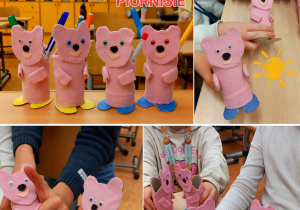 Uczniowie prezentują swoje prace - piękne, różowe misie-piórnisie.