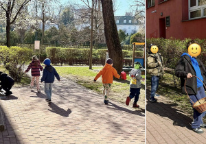Uczniowie szukają jajeczek w ogrodzie szkolnym.