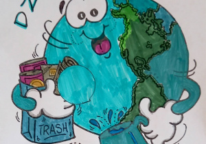 Kolorowana "Dzień Ziemi" przedstwia Ziemię, która sprząta śmieci i trzyma w reku konewkę.