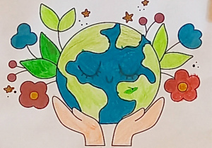 Kolorowanka przedstawia dłonie otulające Ziemię.