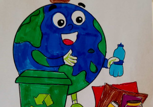 Kolorowanka "Dzień Ziemi" przedstawia Ziemię segregującą śmieci.