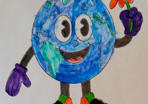 Kolorowanka przedstawia Ziemię, która ma ręce i nogi. W ręku trzyma kwiatek.