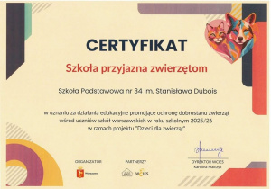 Certyfikat "Szkoła przyjazna zwierzętom".