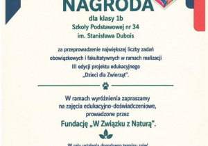 Nagroda dla klasy 1b za przeprowadzenie największej liczby zadań w ramach realizacji projektu.