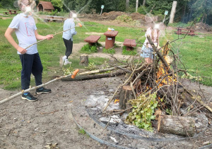 Na zdjęciu widać uczniów znajdujących się na świeżym powietrzu, na terenie zielonym. Teren jest porośnięty trawą, a w tle widać drzewa i leśną roślinność. Na pierwszym planie, po prawej stronie, widać ognisko. Uczniowie stoją wokół ogniska i trzymają w rękach długie kije, na których pieką kiełbaski.